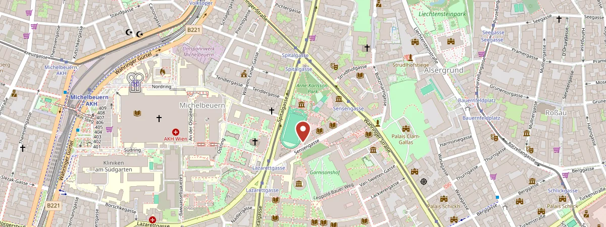 Ausschnitt einer Karte mit dem Standort Sensengasse 3, 1090 Wien
